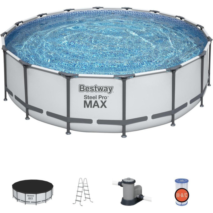 Каркасный бассейн BESTWAY STEEL PRO MAX 488х122см, 19480л + фильтр-насос 5678 л/ч, тент, лестница 5612Z BW